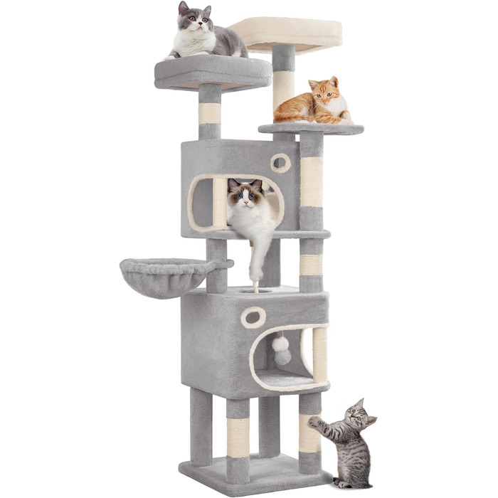 Драбина-кіготь Hzuaneri для котів, 159 см, 8 стовпчиків, 3 платформи, 2 хованки, кошик, плюшеві кульки, мотузка з сизалю, підходить для котів різних розмірів, сірий MS15918LG L (50 x 40 x 159 см)