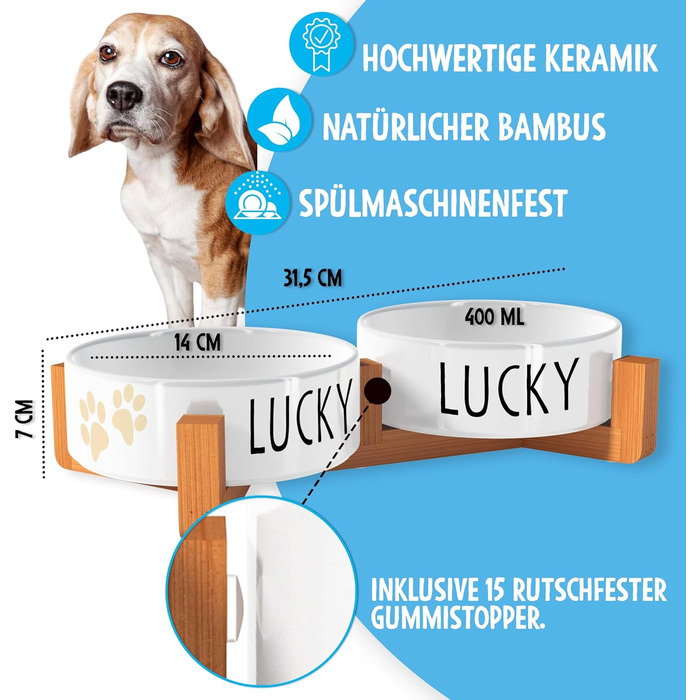Персоналізована миска для собак OWLBOOK з ім'ям - подвійна керамічна миска з бамбуковим підставкою, 300 мл