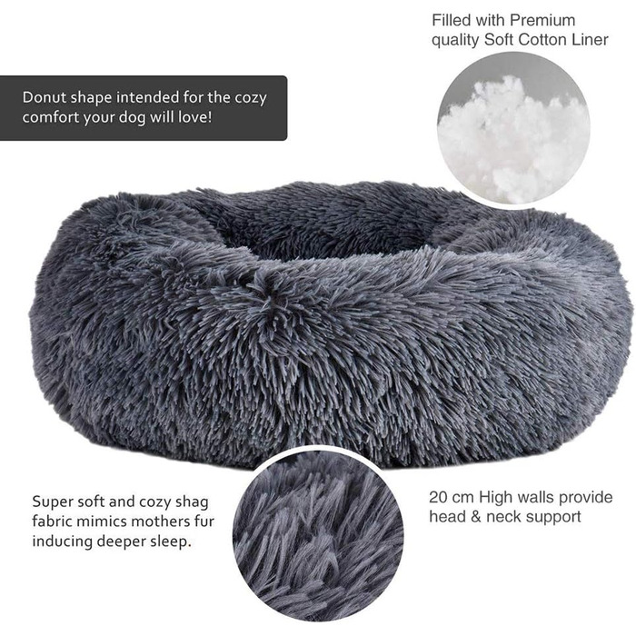 Кругле ліжко для собак та котів, м'яке, плюшеве, темно-сіре, 70 см