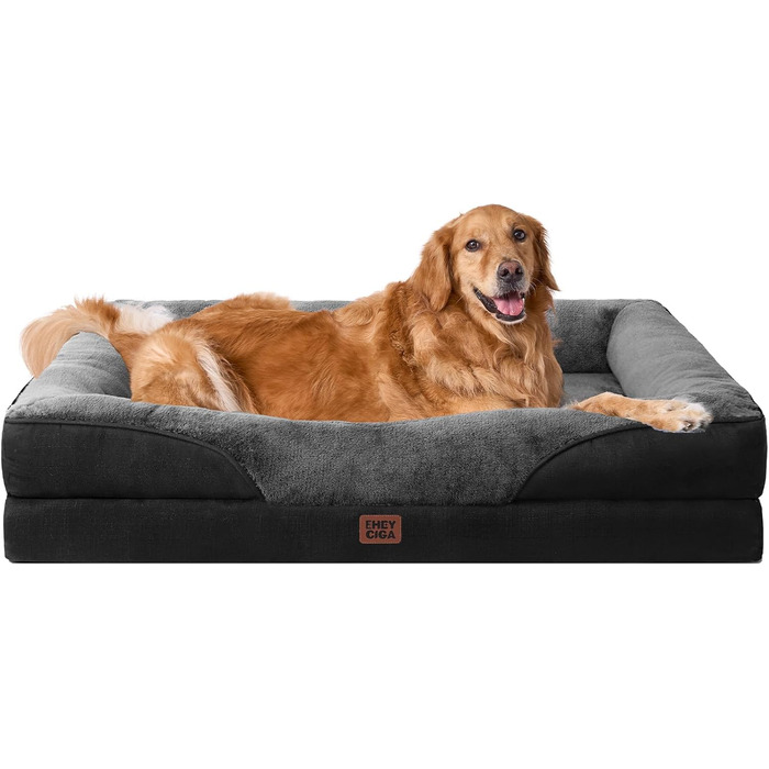 Ортопедичне ліжко для собак великих порід EHEYCIGA, 106.5x76x18.5 см, Memory Foam, водонепроникне, сіре/чорне