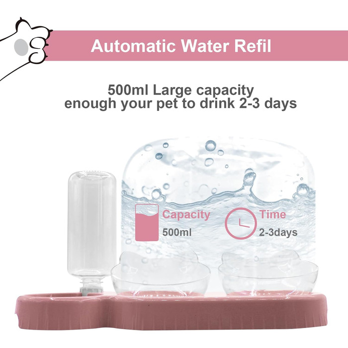 Набір мисок для котів та собак з диспенсером води, килимомком та лопаткою. Нахил 15°, миски для вологого та сухого корму, рожевий колір