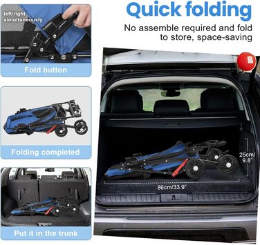 Легкий та складаний переносний візок для собак, блакитний. З сонцезахистом, гальмами та місцем для зберігання (до 10 кг)