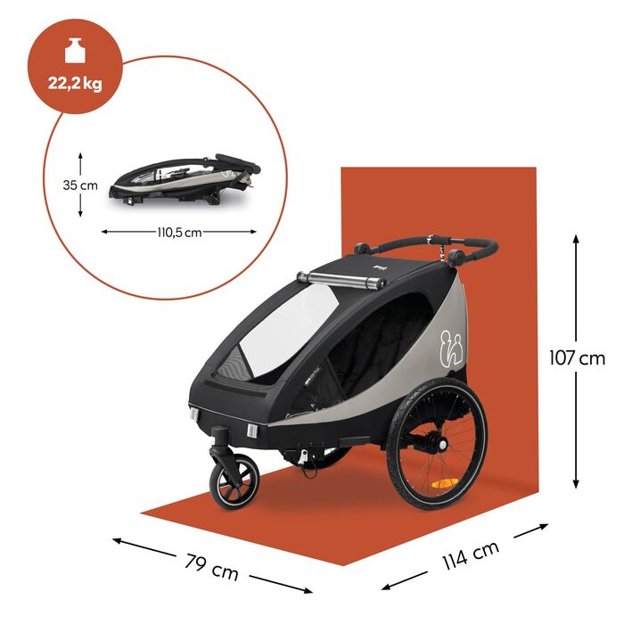 Причіп для велосипеда Hauck Dryk Duo Plus 2-в-1 для 2 дітей (6-48 місяців) з амортизацією, Buggyrad, LED ліхт, XL багажник, чорний