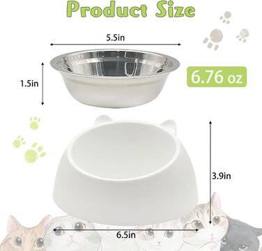 Набори мисок для котів Hamiledyi з підняттям, 4 шт., 15° нахил, нержавіюча сталь, анти-блювотна, не протікає, для кошенят, дорослих котів та кроликів (чорний + білий, 200 мл)