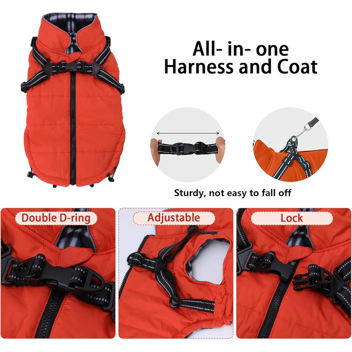 Теплий зимовий одяг для собак з кріпленням для повідка - водонепроникна куртка для собак з блискавкою, оранжевого кольору, XXL (довжина спини: 52 см)
