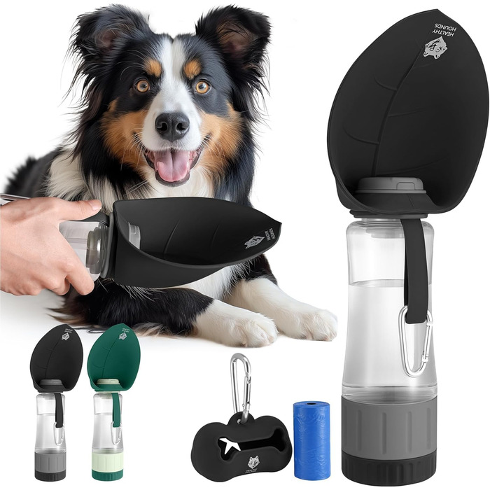 Фляга для собак Healthy Hounds Explorer 600 мл, з карабіном*2 та дозатором відходів*1 – Чорний