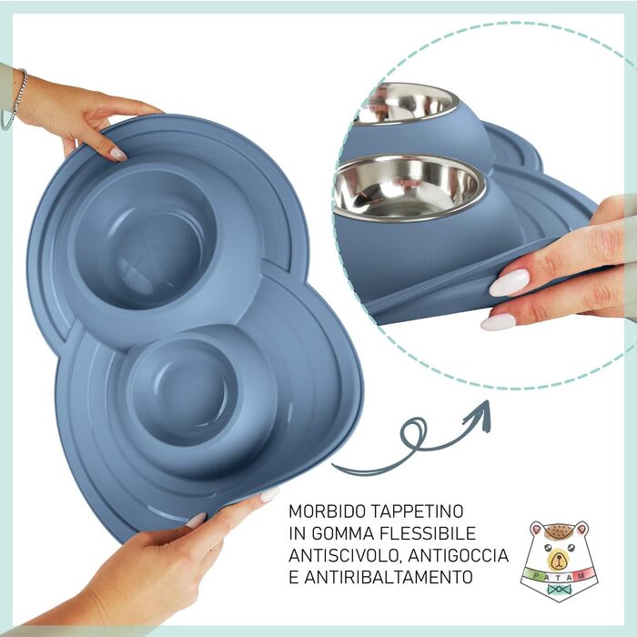 Миска для котів Patam Doppel з нержавіючої сталі з антиковзною підкладкою, анти-перекидна, виробництво Італія, Jerry Grün (Tom Blau)