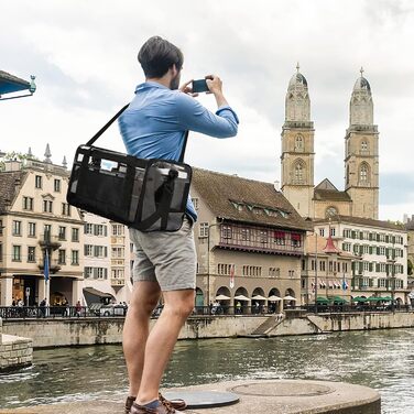 PETCUTE Транспортна сумка для котів та собак, складана, з плечовим ременем, схвалена авіакомпаніями, дихаюча, знімний мат, синій (M, Чорний)