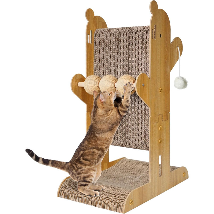 Кігтеточка YEMOO для котів, двостороння з картону, T-подібна, вертикальна, для захисту стін та диванів, з 3 сизалевих кульок та 2 плюшевих іграшок (Burlywood)