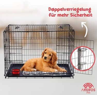 Клітка для собак Arebos | Транспортна переноска для собак, складана | Клітка-переноска для авто | Клітка для собак з 2 дверцятами | Чорна (92,5 x 60 x 66 см)
