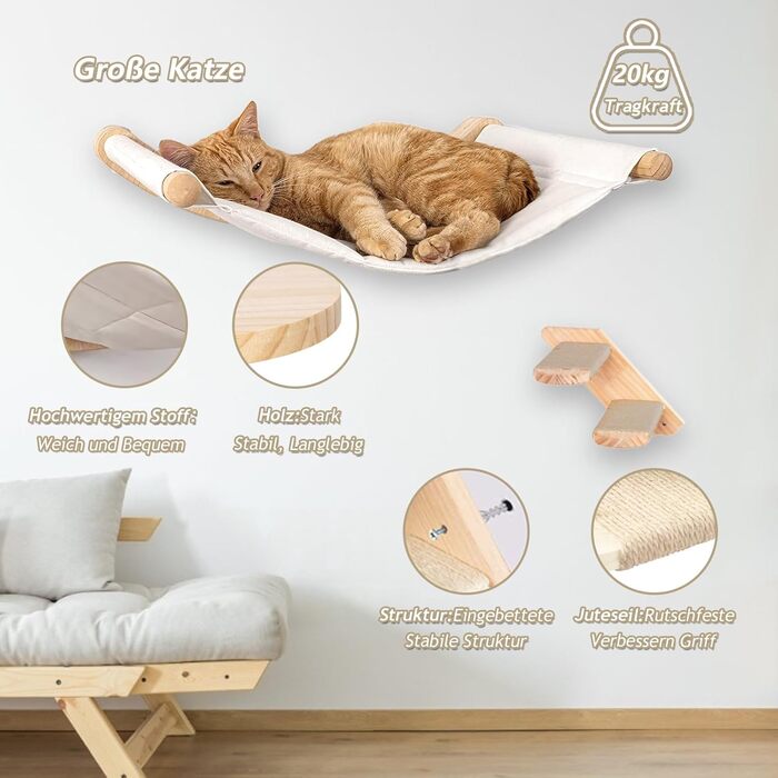 REDKNOT Кліматична стіна для котів з гамаком та драбиною, котячий комплекс на стіну з сизалевим когтеточкою, до 20 кг