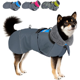 Зимовий теплий водонепроникний одяг для собак - тепла куртка з флісовою підкладкою та нашийником, захист від вітру, синій, M (обхват грудей 55-65 см)