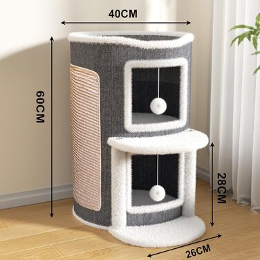 Двоповерхова кімната-будиночок для котів з когтеточкою, платформа та іграшкою, 60x40x40 см / 40x40x60 см