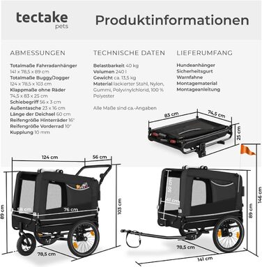 Причіп для велосипеда Tectake® - універсальний, для собак, велосипеда, електровелосипеда, візка, вантажопідйомність до 40 кг, складаний, швидкий монтаж, з аксесуарами безпеки, чорний