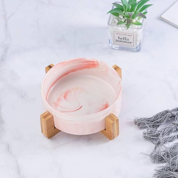 Миски для собак SP SEMPRE з кераміки з бамбуковими підставками, рожевий мармур (15,5 см)