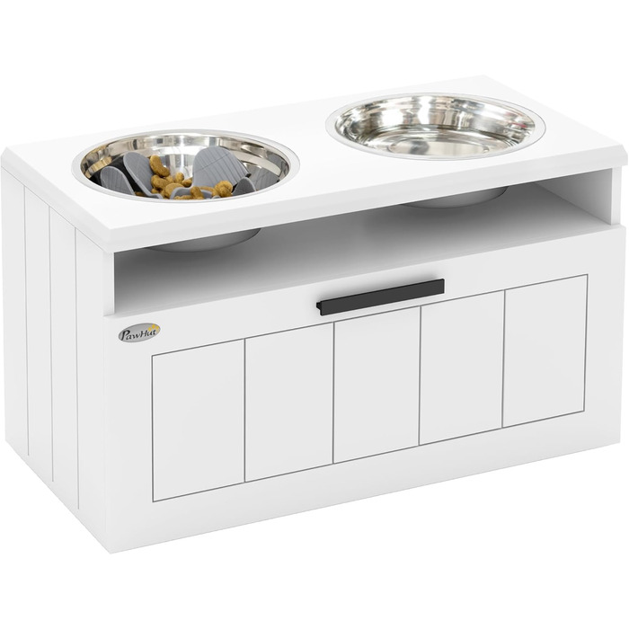 Станція для годування собак PawHut з піднятою мискою, повільною годівницею та 2 мисками з нержавіючої сталі, ящик для зберігання 25л, для великих та екстра-великих собак, білий колір