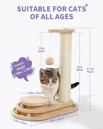 Дряпак для котів Made4Pets, двошаровий, 45 см, сучасний сизаль, інтерактивна іграшка з підвішеною кулею, котячий ігровий комплекс для дому