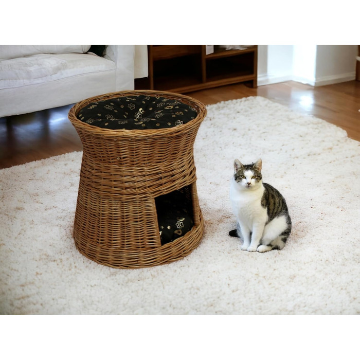 Котячий кошик для сну з подушкою, кругла плетена хатинка з лози, двоповерхове ліжко для котів і собак, діаметр 47 см, колір натуральної кори, темно-коричнева подушка, для дому