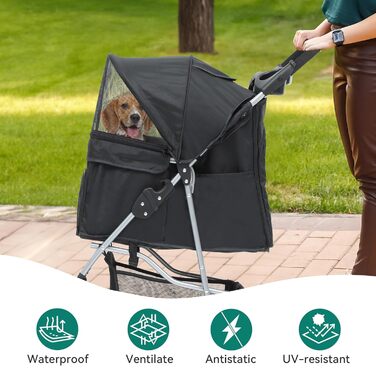 Візок для собак та котів YITAHOME, до 15 кг, з сітчастими віконцями, тримачем для напоїв та кошиком для речей (Чорний)