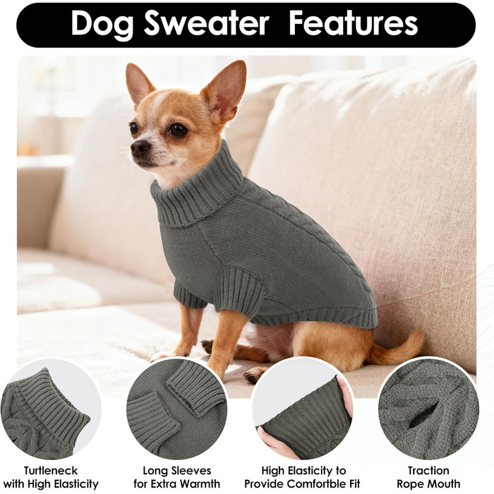 Пуловер для собак ASENKU, теплий зимовий пуловер для маленьких собак, з коміром-горловиною, зручний, для Французького бульдога, Шнауцера, Бічона Фрізе, Бостон-тер'єра (2XL, сірий)