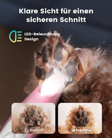 Триммер для собак Oneisall: безшумний, акумуляторний, з LED-підсвічуванням для догляду за лапами, очима, вухами та обличчям (зелений, рожевий)