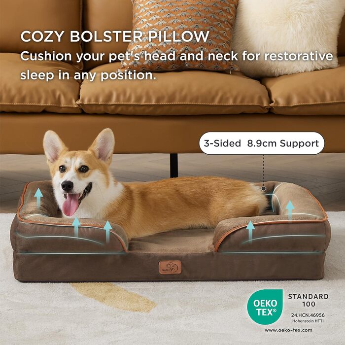 Ортопедичне ліжко для собак BEDSURE - 89x63 см. М'яке ліжко-софа для собак середніх порід, зручне, з ефектом пам'яті, миється, не слизьке