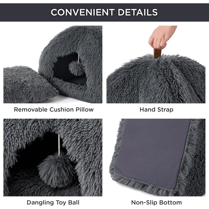 Ліжко для котів BEDSURE велике, 40x40x40 см, сіре, з подушкою та іграшкою, миється