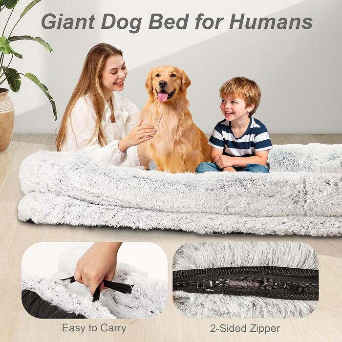 Ортопедичне ліжко для собак XL, 200x112x32 см, сірого кольору. Зручне ліжко для собак та домашніх тварин з великим штучним хутром, знімний та пральний чохол.