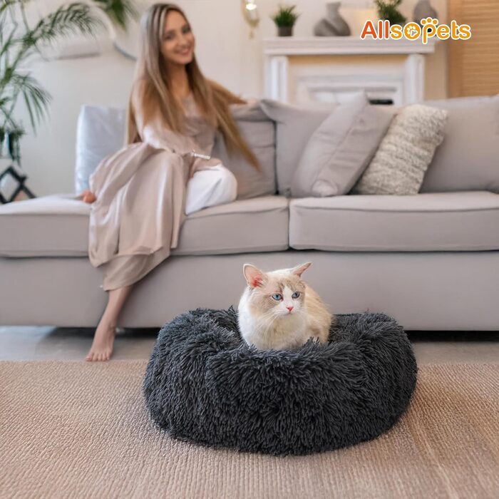ALLSOPETS Заспокійливе ліжко для собак маленьких та середніх порід, миється, кругла плюшева лежанка для котів та собак з неслизьким дном (Темно-сірий, 60см)