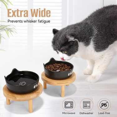 Миски для котів Erhöhte Katzen-Becher, широкі миски для котів з кераміки на бамбуковому підставці для домашніх тварин, миски для корму або води, зручні для вусів, для маленьких собак та кошенят в приміщенні (білі(2шт)) (чорні(3шт))
