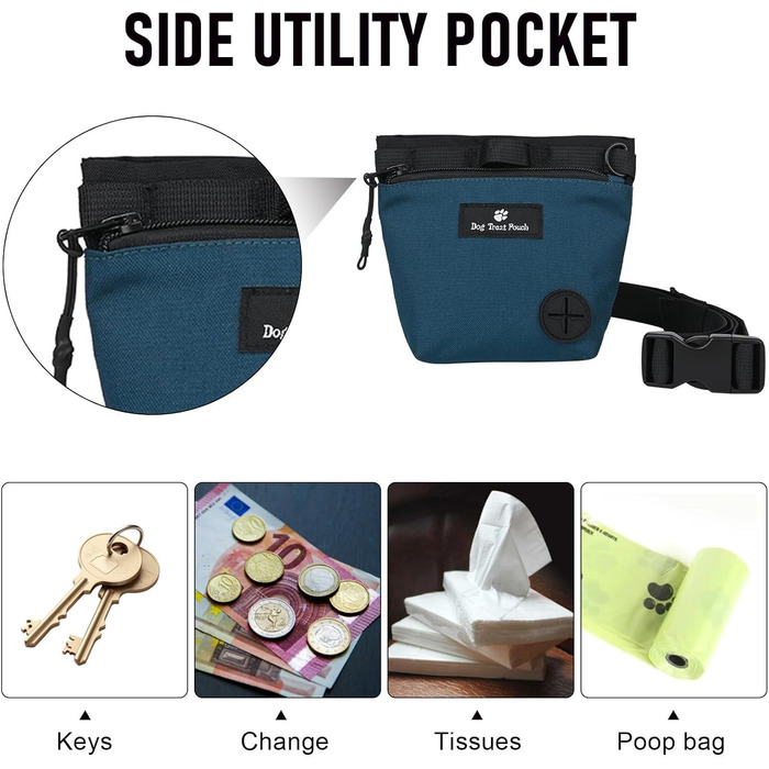 Сумка для ласощів для собак з магнітним закриттям, регульованим поясом, для тренувань, прогулянок на відкритому повітрі (синій, принт з тваринами)