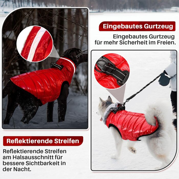 Водонепроникний собачий плащ з шлейкою, флісова комір-стійка, тепла зимова куртка для собак з подвійним блискавкою, куртка для собак з відбиваючими елементами, червоний, розмір S