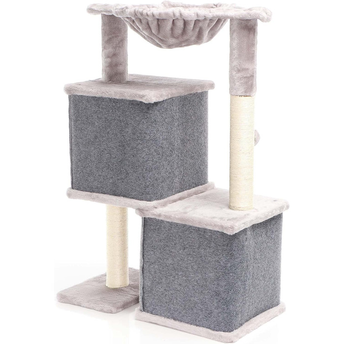 Котячий будиночок-крізьомачка Fudajo сірого кольору, 71,5 см, з платформою для відпочинку, лежаком, дряпалкою та будиночком для котів. Кліматичний комплекс для котів