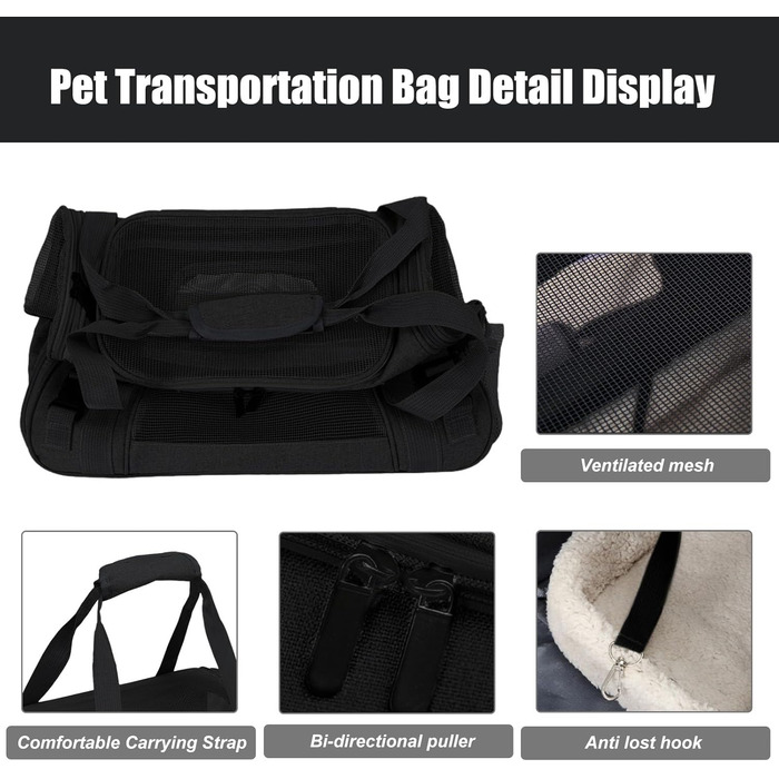 Транспортна сумка для тварин ZSMJAER з підстилкою з флісу, для котів та маленьких собак до 10 кг, чорна