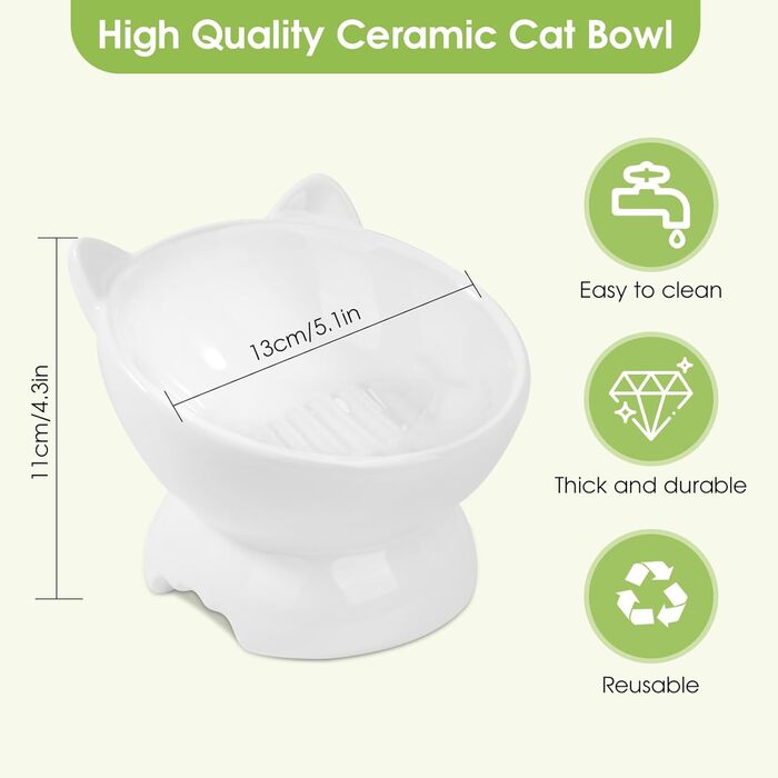 Набір мисок для котів (2 шт.), підняті, з захистом шиї, 15° нахил, кераміка, для корму та води - білий