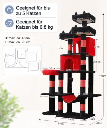 Ігровий комплекс для котів Kratzbaum, 181 см, кігтеточка та дерево для котів у квартиру (чорний + червоний)