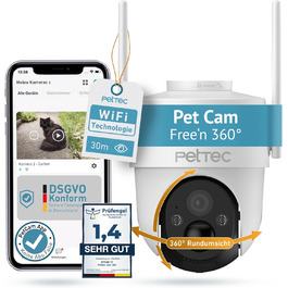PETTEC камера для тварин Free'n 360: Wi-Fi 2.4ГГц, акумулятор, панорамне обертання, без підписки, зовнішня камера 3MP, детекція руху, нічне бачення 20м, IP65, прожектор і сирена