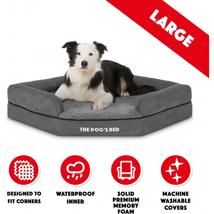 Ортопедичне ліжко для собак з memory foam, водонепроникне, кутове, середнього розміру, чорний плюш, для собак з артритом та дисплазією кульшових суглобів, терапевтичне та підтримуюче