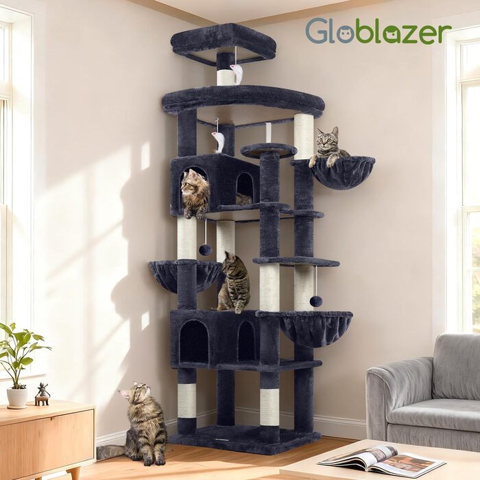 Кігтеточка Globlazer XXL 209 см з 2 будиночками, великою платформою, 3 кошиками, стовпчиками для шліфування, 8 стовпчиками з сизалю, стабільна кігтеточка для кількох котів (темно-сірий)