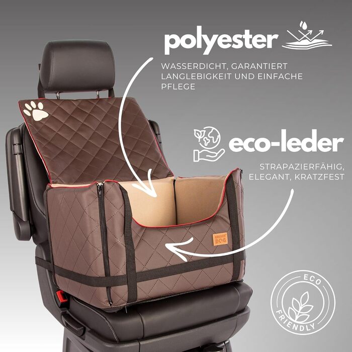 Транспортна переноска для собак Golden Dog з кріпленням на ремінь безпеки, 65x53x27 см, колір коричневий. Імітація шкіри, водовідштовхувальна, складна, підходить для автомобіля.