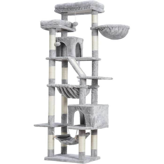 Кігтеточка-будинок для котів Heybly HCT034G, 180 см, сірий, з 2 платформами, 2 будиночками, гамаком, корзиною та когтеточкою