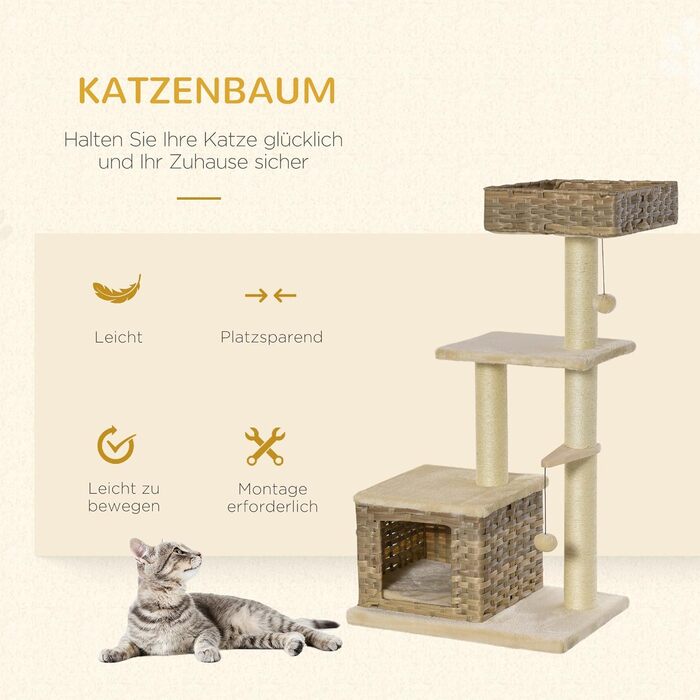 Дряпак для котів PawHut з ротангу, із котячим будиночком, іграшкою-м'ячиком, сизалевим стовпчиком, м'яким плюшем, 108 см, коричнево-бежевий