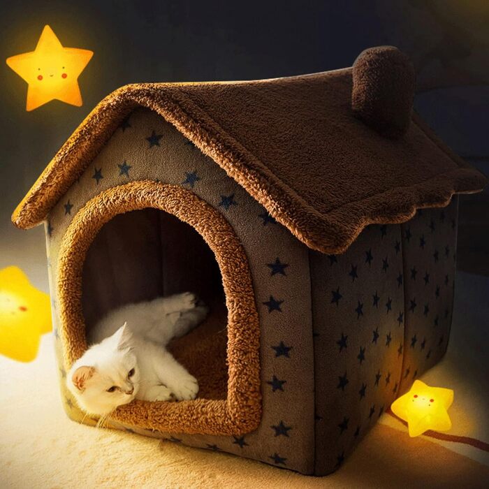 Кігтеточка-будиночок для котів Galatée, зручне ліжко для собак, миється, коричнева зі зірками (M)