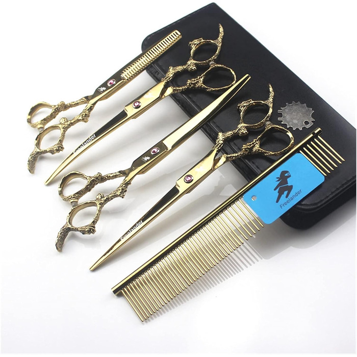 Професійний набір ножиць для стрижки волосся 7 дюймів (4 шт.) з антиковзним ручками 'Дракон', золотий колір. Ідеально підходить для стрижки собак та котів.