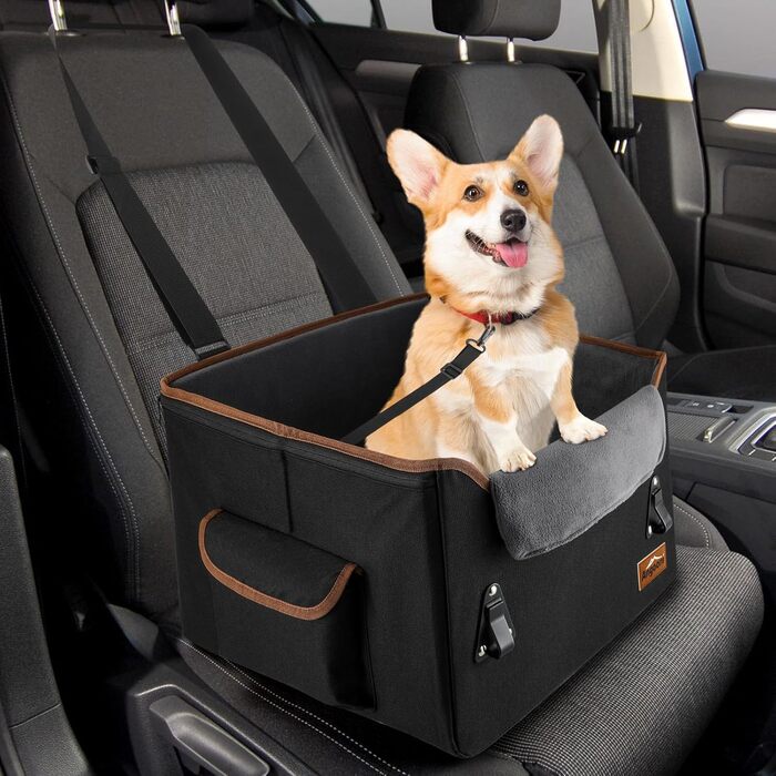 Автокрісло для собак Angooni: зручний бустер для маленьких та середніх собак з кишеньками для зберігання, м'яке плюшеве ліжко для переднього та заднього сидіння (чорне)