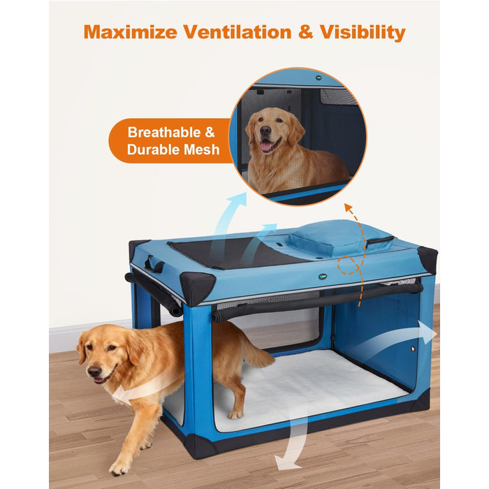 Складаний переносний вольєр для собак Ownpets XXL (122 см), блакитно-чорний, з м'якою підстилкою та міцними сітчастими вікнами
