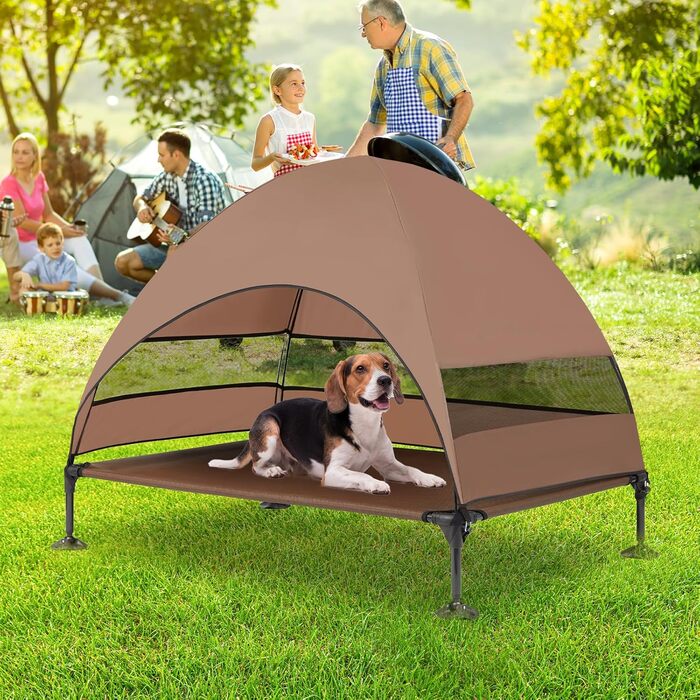 Лежанка для собак Snagle Paw з дахом, піднятий дизайн - стабільне ліжко для собак з антиковзними ніжками, широка тінь - водонепроникна для великих собак, для дому/на вулицю, кемпінг та сад, коричнева, 106 x 84 x 76 см