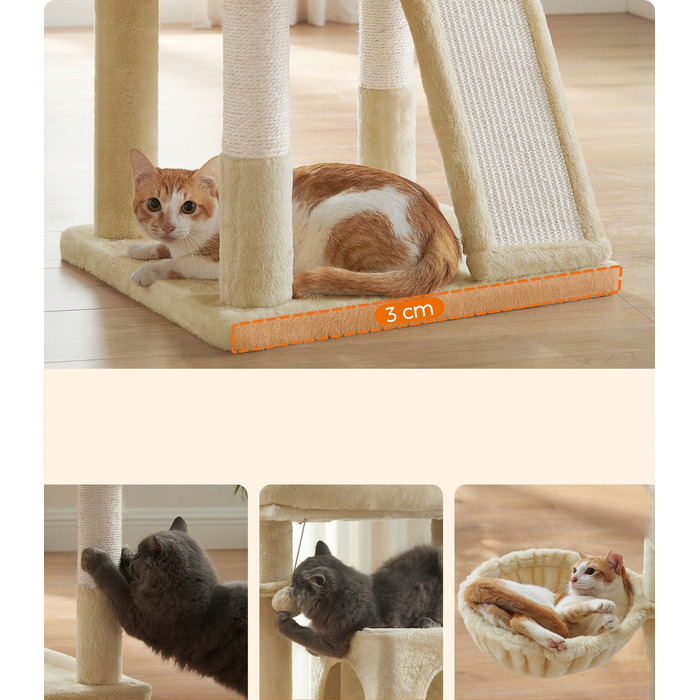 Низька скребничка для котів Feandrea, бежева, 96 см, сизаль, 2 рівні