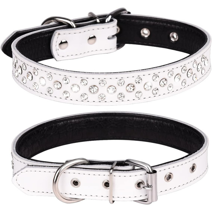 Блискуче собаче намисто Haoyueer з кристалами, регульоване, шкіряне, для собак середніх та малих порід (L, біле)