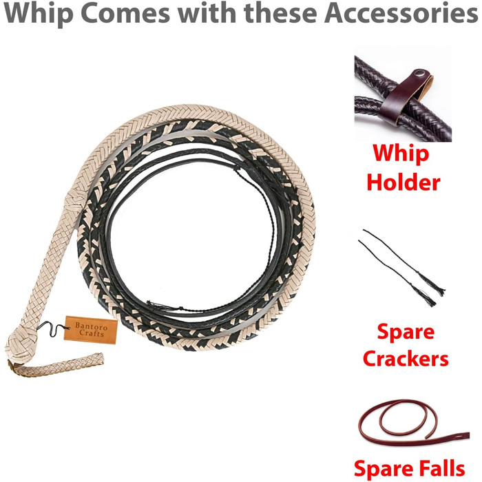 Чорно-кремова батогом з кенгурячої шкіри, важка батогом з 16 плетінням, плетіний шкіряний живіт та шкіряна підкладка всередині, гучна, дзвінка батогом, 6 метрів (18 футів)